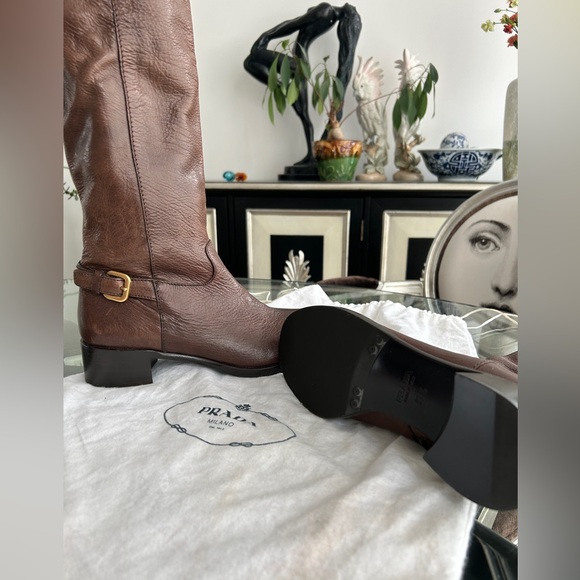 NWOT Prada deerskin leather brown and brass knee high boots - Picture 4 of 9